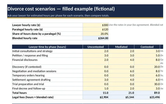 Divorce cost scenarios comparing uncontested, mediated and contested totals