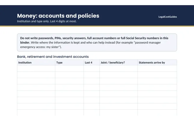 Binder page listing accounts by institution and last 4 digits